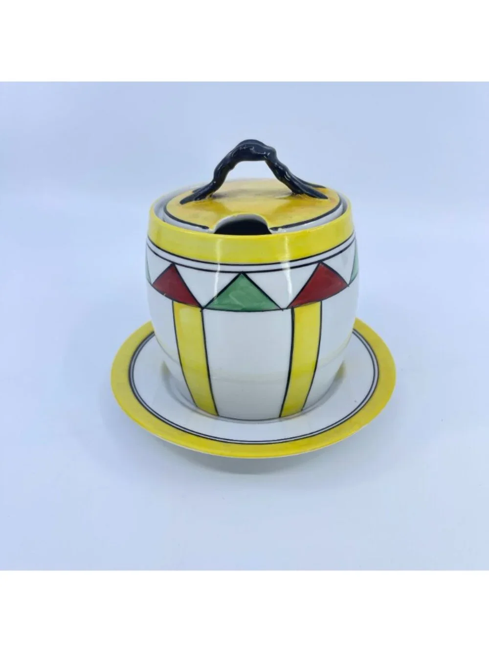 vintage ceramic condiment jar with lid & saucer hand-painted geometric pattern